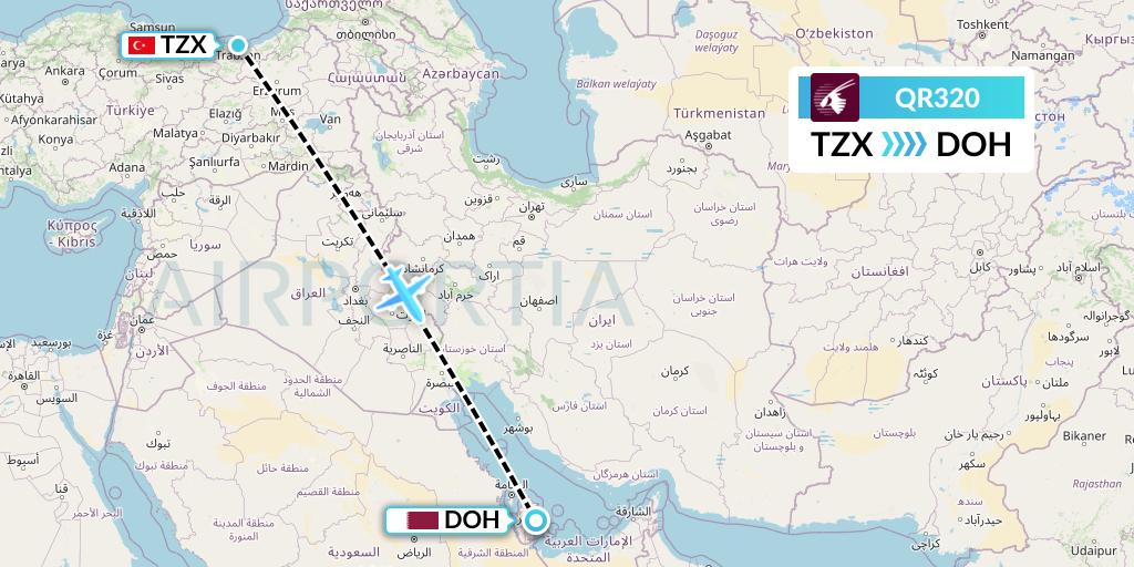QR320 Qatar Airways Flight Map: Trabzon to Doha