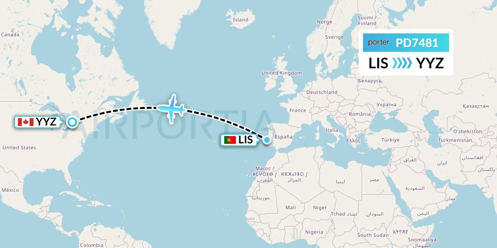PD7481 Porter Airlines Flight Map: Lisbon to Toronto