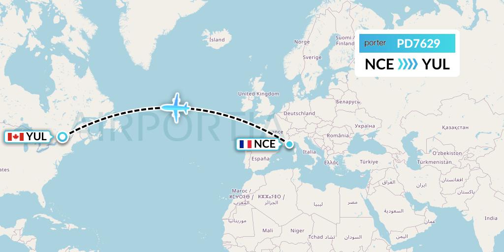 PD7629 Porter Airlines Flight Map: Nice to Montreal