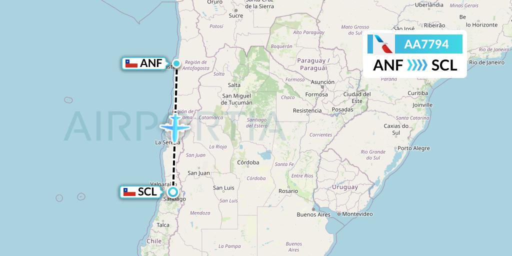 AA7794 American Airlines Flight Map: Antofagasta to Santiago