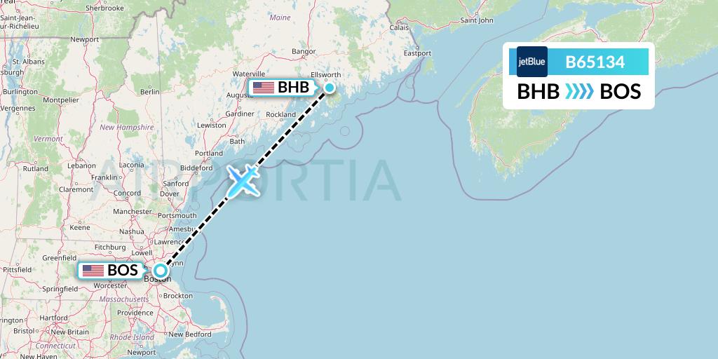 B65134 JetBlue Airways Flight Map: Bar Harbor to Boston