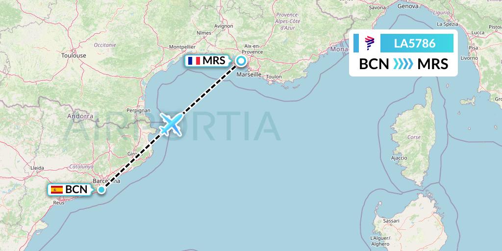 LA5786 LAN Airlines Flight Map: Barcelona to Marseille