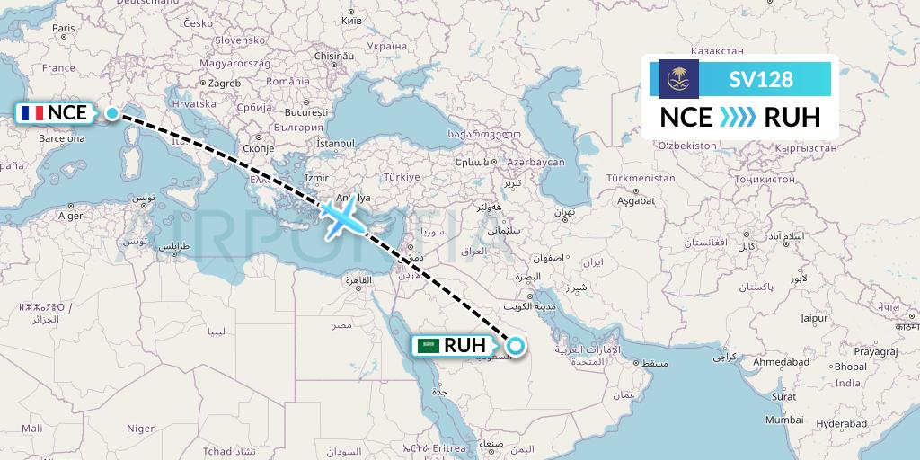 SV128 Saudi Arabian Airlines Flight Map: Nice to Riyadh