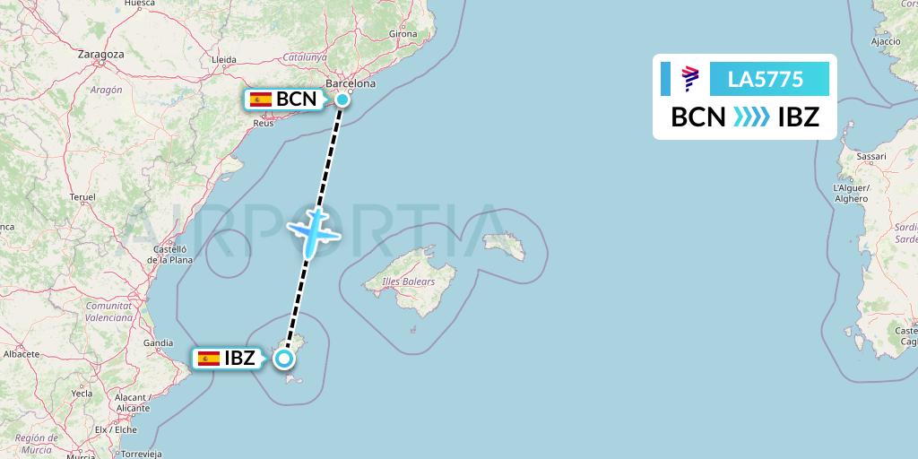 LA5775 LAN Airlines Flight Map: Barcelona to Ibiza