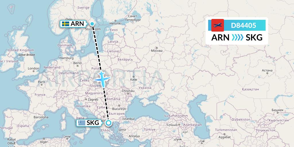 D84405 Norwegian Air International Flight Map: Stockholm to Thessaloniki