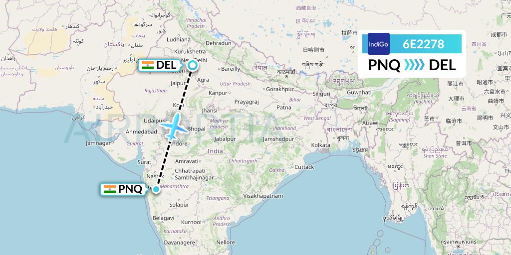 6E2278 IndiGo Airlines Flight Map: Pune to Delhi