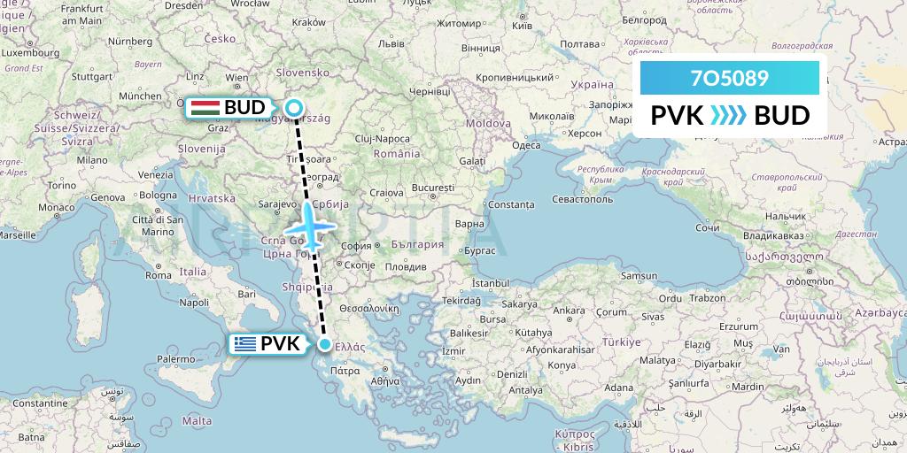 7O5089 Travel Service Hungary Flight Map: Preveza to Budapest