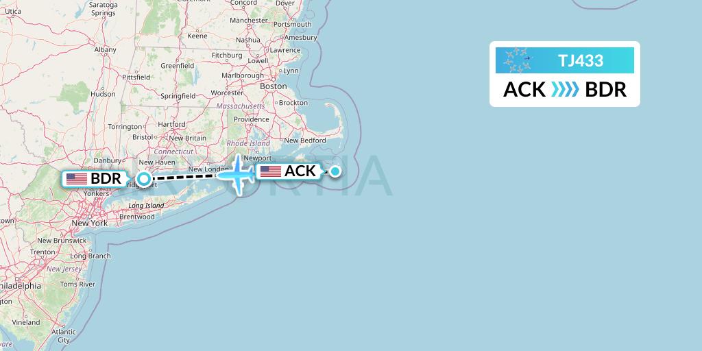 TJ433 Tradewind Aviation Flight Map: Nantucket to Stratford