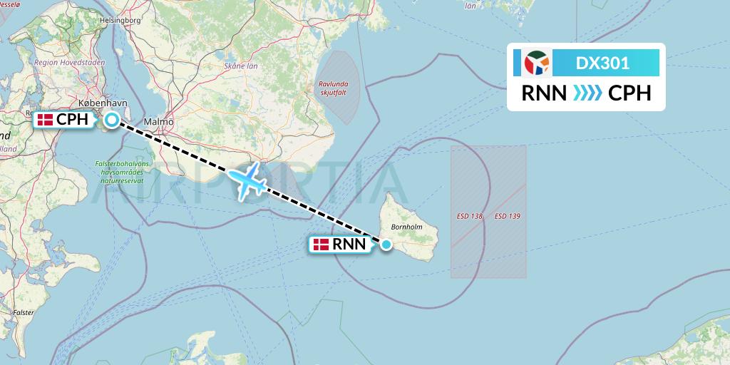 DX301 Danish Air Transport Flight Map: Ronne to Copenhagen