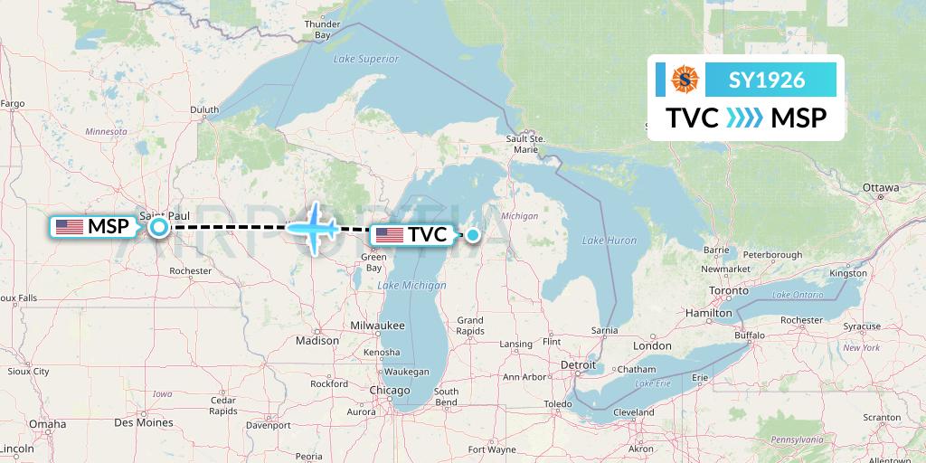 SY1926 Sun Country Airlines Flight Map: Traverse City to Minneapolis