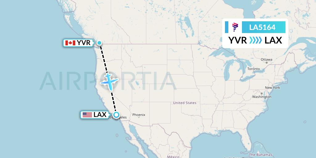LA5164 LAN Airlines Flight Map: Vancouver to Los Angeles