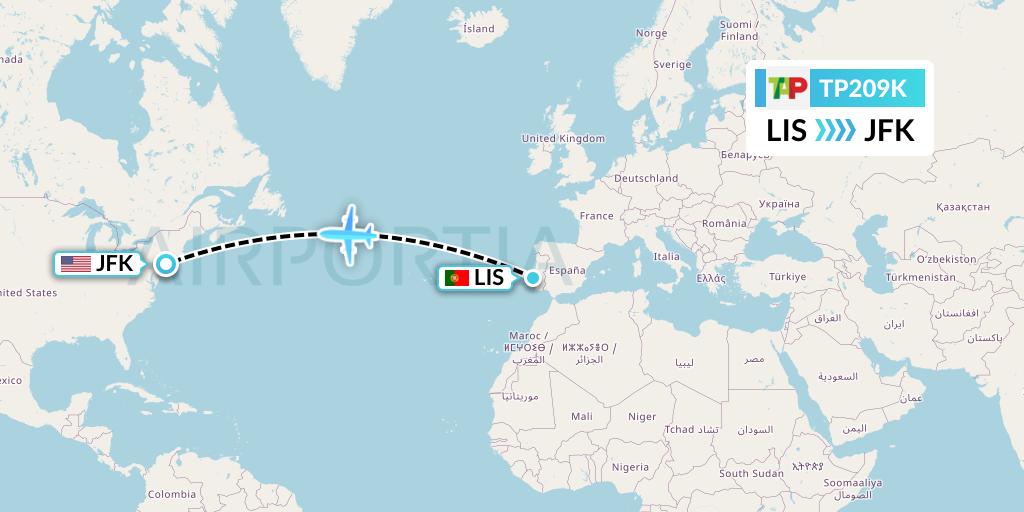 TP209K TAP Portugal Flight Map: Lisbon to New York