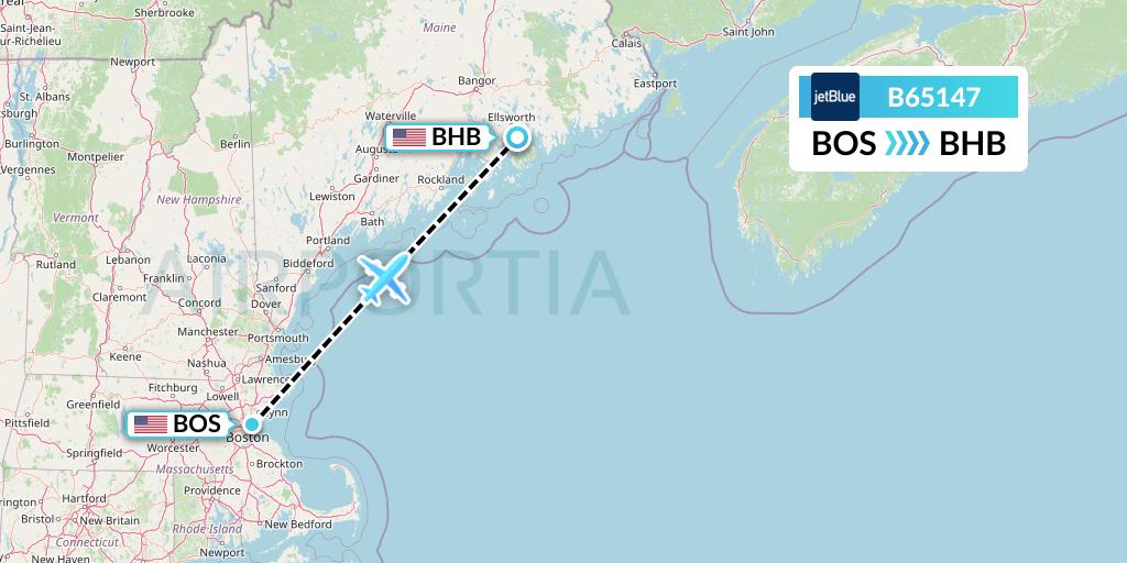 B65147 JetBlue Airways Flight Map: Boston to Bar Harbor