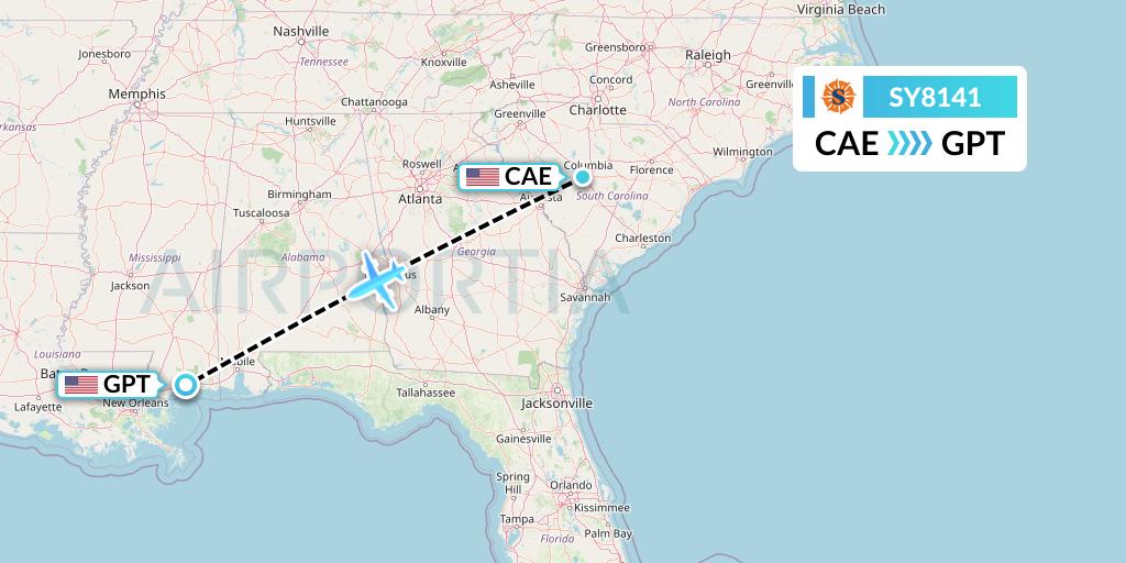 SY8141 Sun Country Airlines Flight Map: Columbia to Gulfport