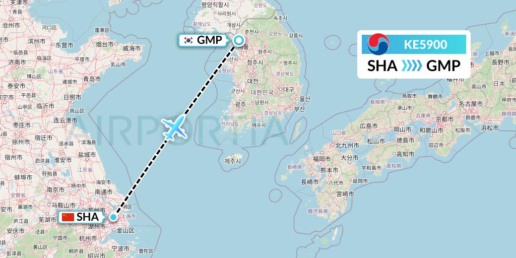 KE5900 Korean Air Flight Map: Shanghai to Seoul