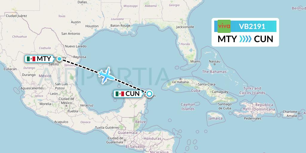 VB2191 VivaAerobus Flight Map: Monterrey to Cancun