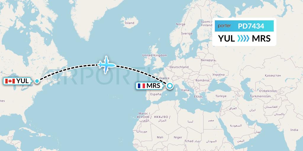 PD7434 Porter Airlines Flight Map: Montreal to Marseille
