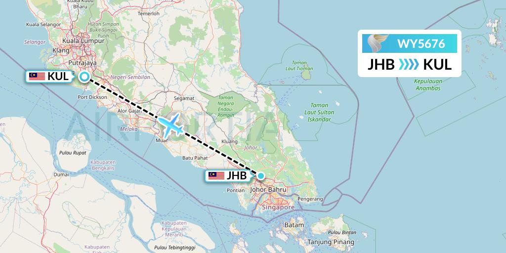 WY5676 Oman Air Flight Map: Johor Bahru to Kuala Lumpur