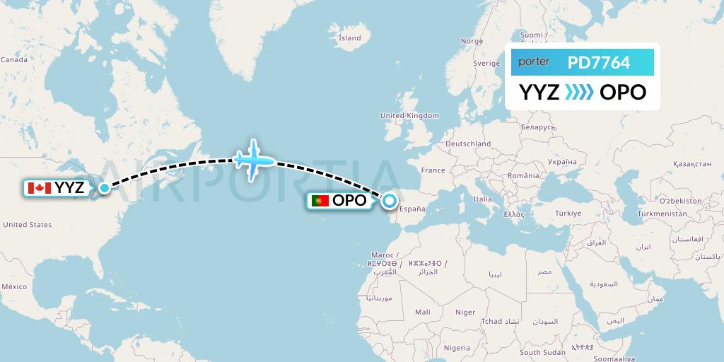 PD7764 Porter Airlines Flight Map: Toronto to Porto