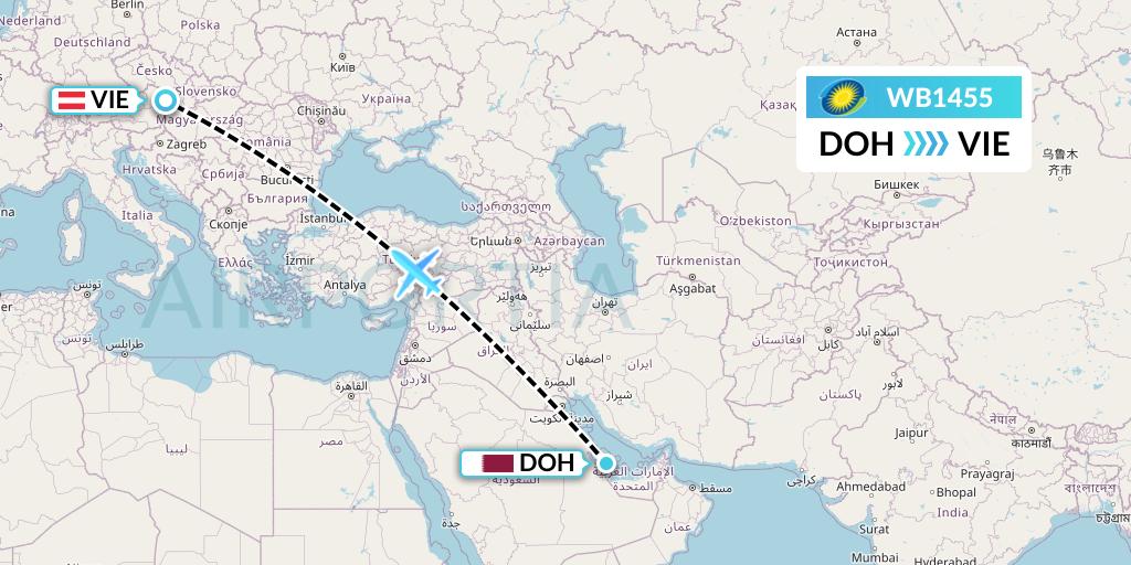 WB1455 RwandAir Flight Map: Doha to Vienna