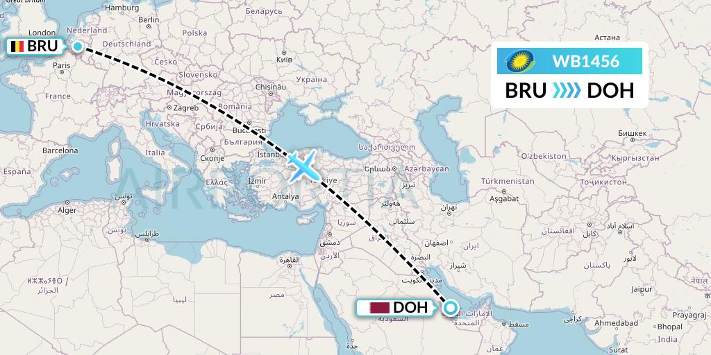 WB1456 RwandAir Flight Map: Brussels to Doha
