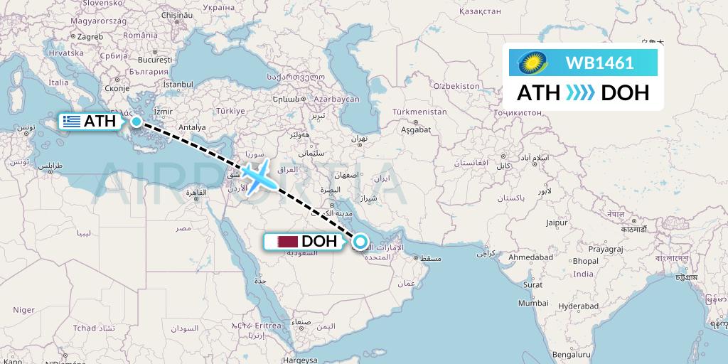 WB1461 RwandAir Flight Map: Athens to Doha
