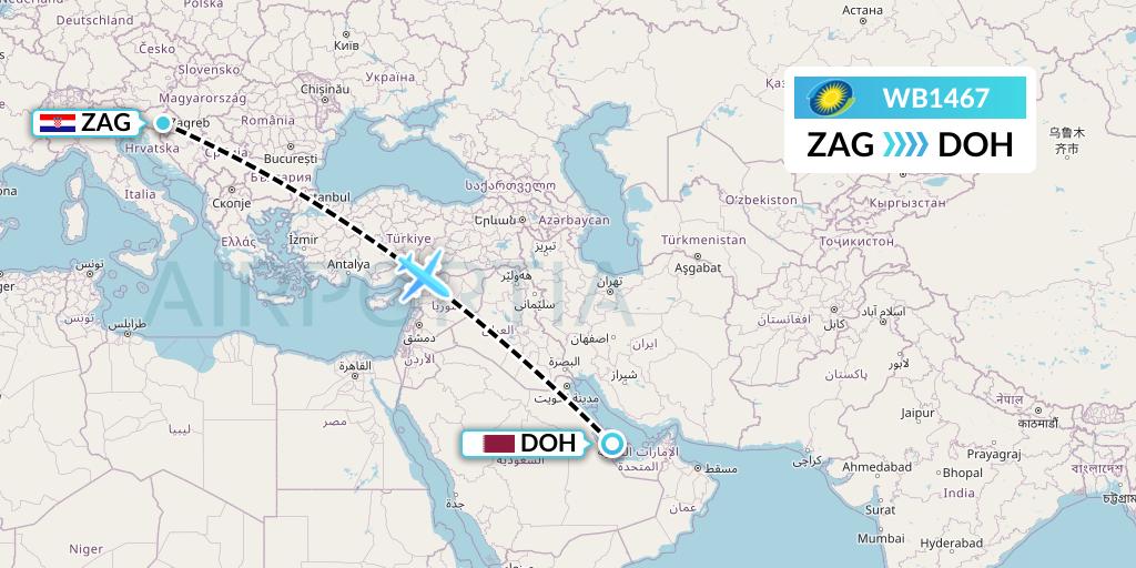 WB1467 RwandAir Flight Map: Zagreb to Doha