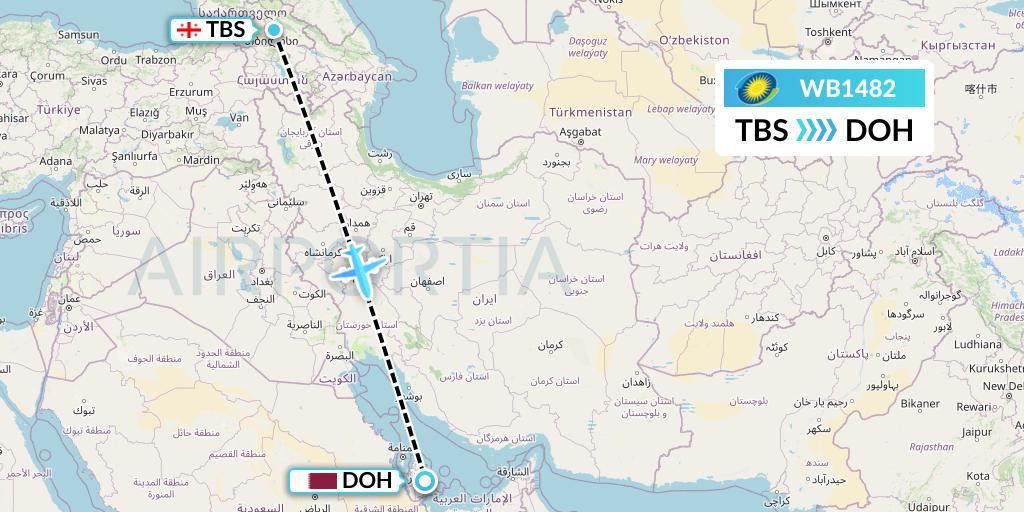 WB1482 RwandAir Flight Map: Tbilisi to Doha