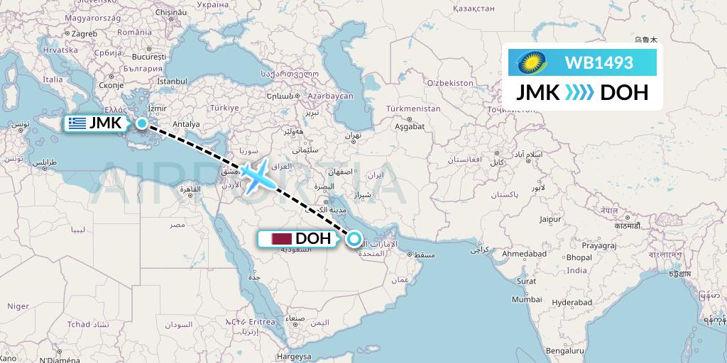 WB1493 RwandAir Flight Map: Mykonos to Doha
