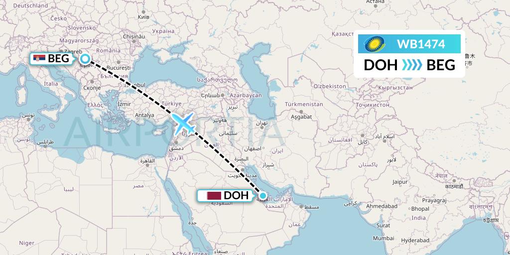 WB1474 RwandAir Flight Map: Doha to Belgrade