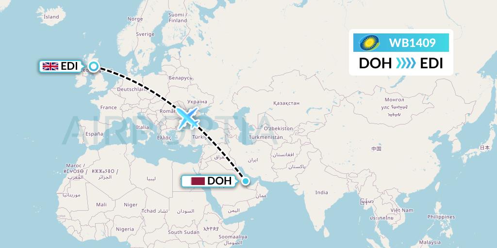 WB1409 RwandAir Flight Map: Doha to Edinburgh