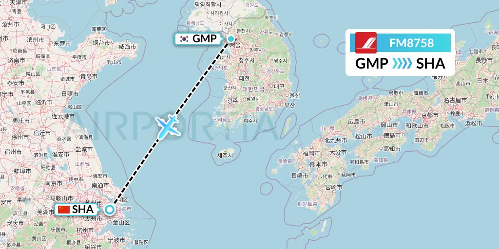 FM8758 Shanghai Airlines Flight Map: Seoul to Shanghai