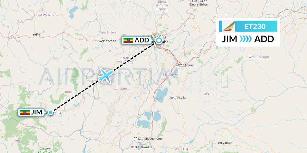 ET230 Ethiopian Airlines Flight Map: Jimma to Addis Ababa