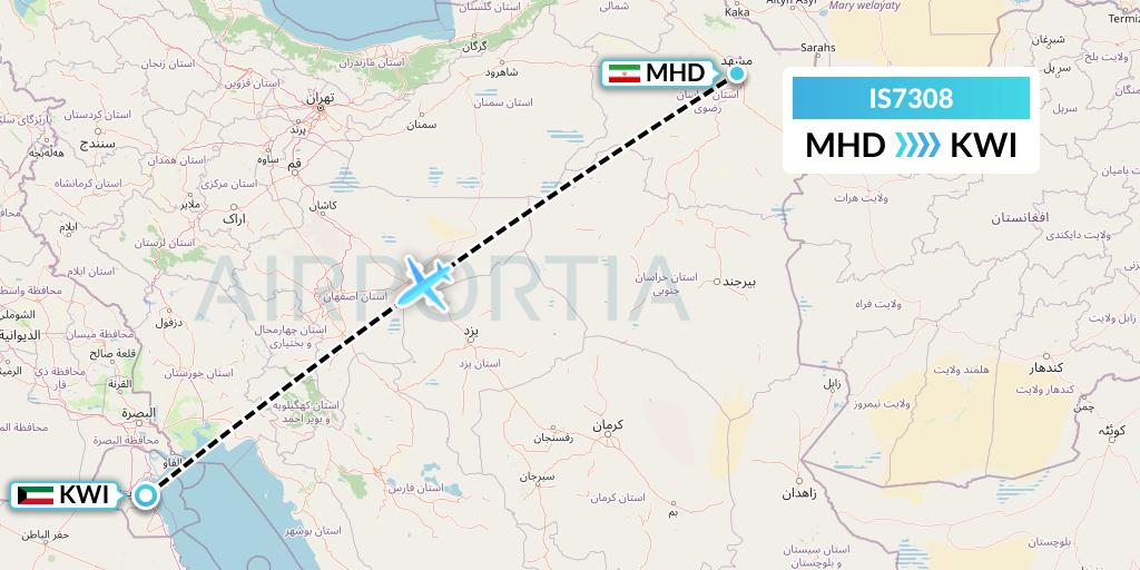 IS7308 Sepehran Airlines Flight Map: Mashhad to Kuwait City
