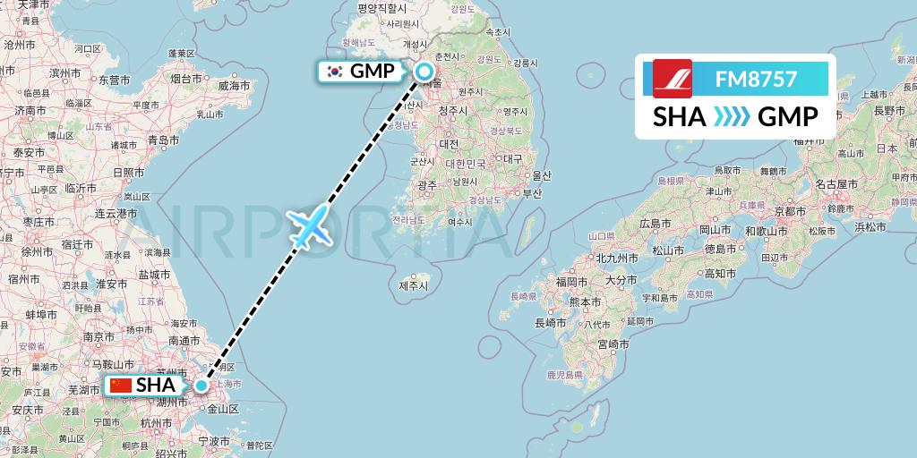 FM8757 Shanghai Airlines Flight Map: Shanghai to Seoul