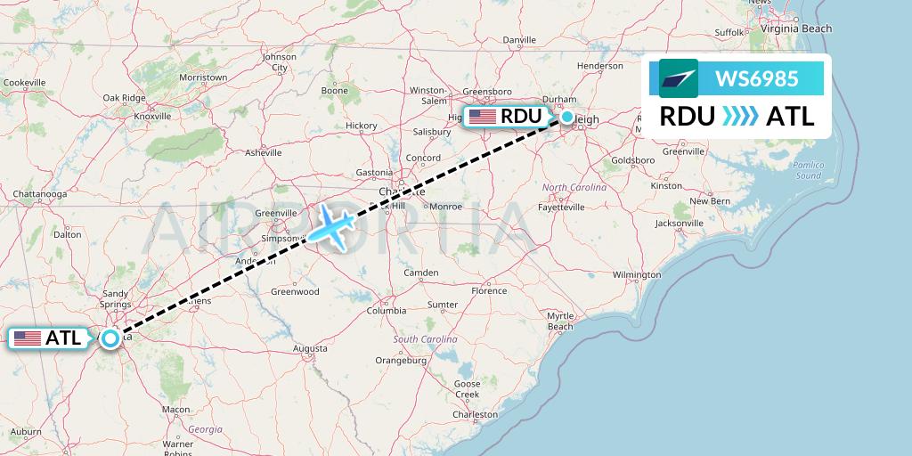 WS6985 WestJet Flight Map: Raleigh-Durham to Atlanta