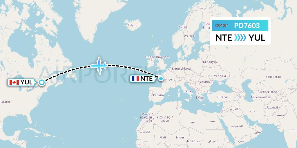 PD7603 Porter Airlines Flight Map: Nantes to Montreal