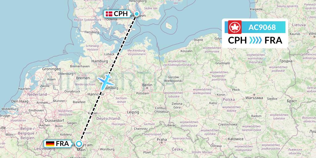 AC9068 Air Canada Flight Map: Copenhagen to Frankfurt