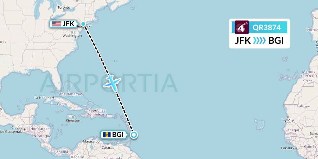 QR3874 Qatar Airways Flight Map: New York to Bridgetown