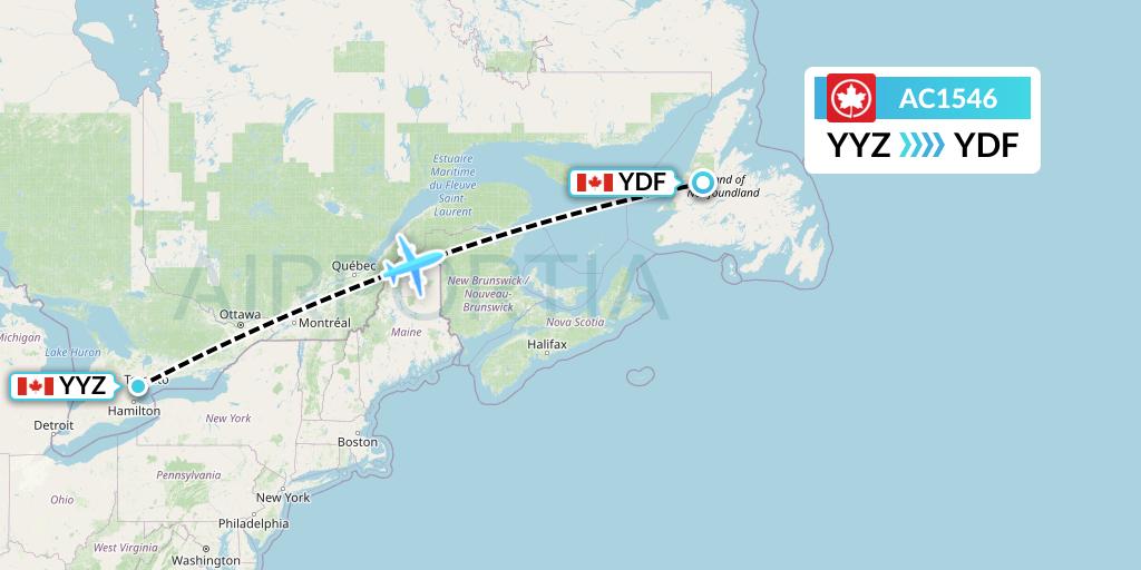 AC1546 Air Canada Flight Map: Toronto to Deer Lake