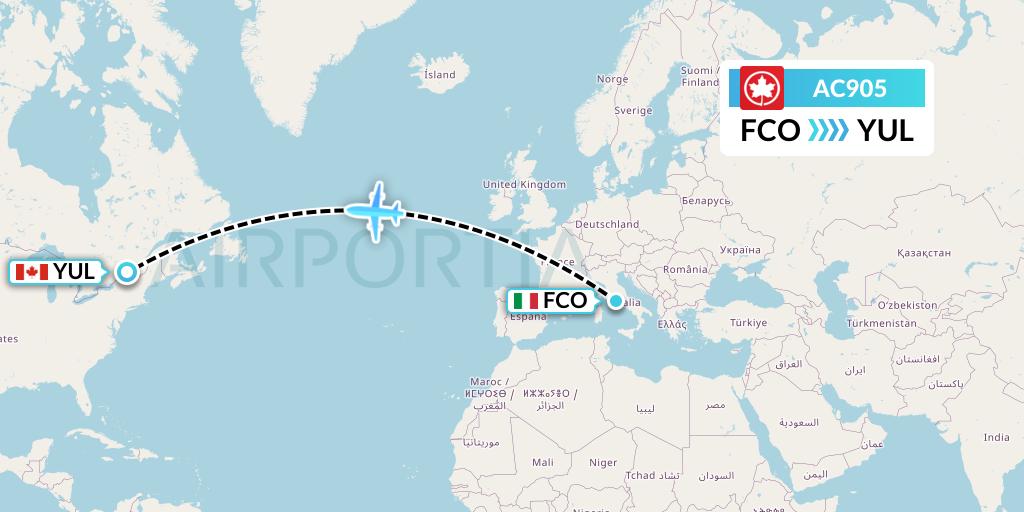 AC905 Air Canada Flight Map: Rome to Montreal