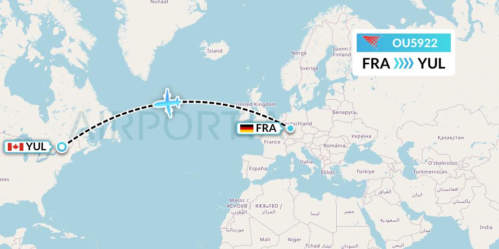 OU5922 Croatia Airlines Flight Map: Frankfurt to Montreal