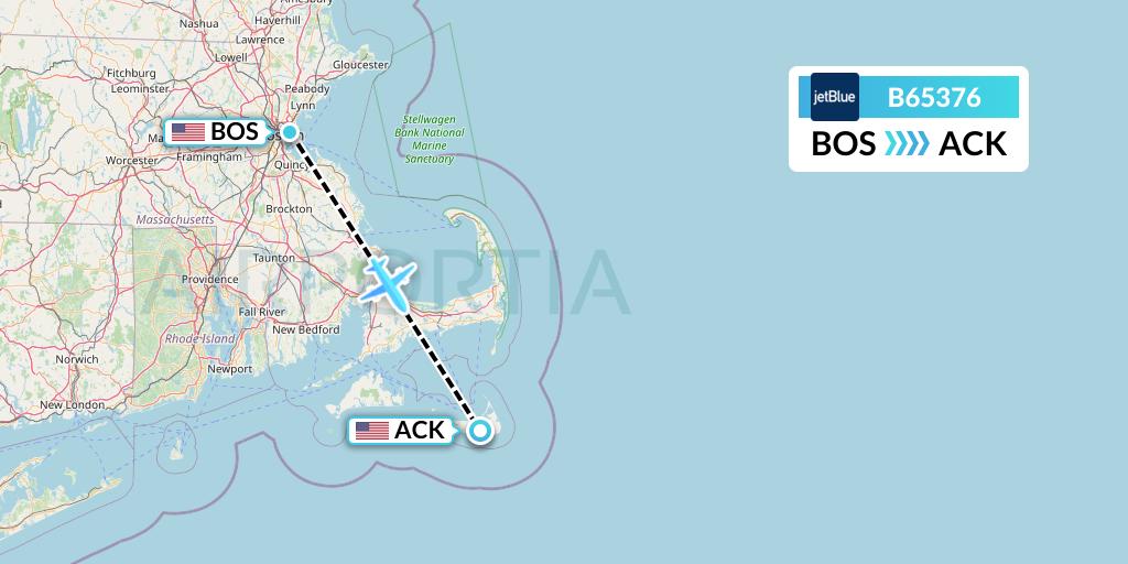 B65376 JetBlue Airways Flight Map: Boston to Nantucket