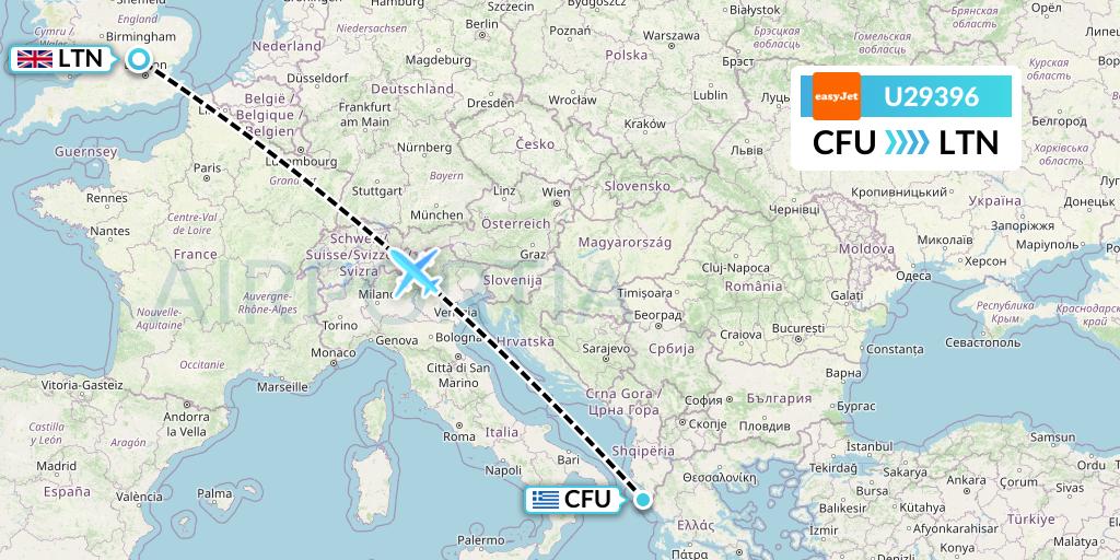 U29396 EasyJet Flight Map: Corfu to London