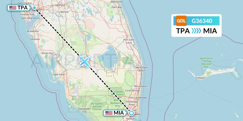 G36340 GOL Transportes Aeros Flight Map: Tampa to Miami