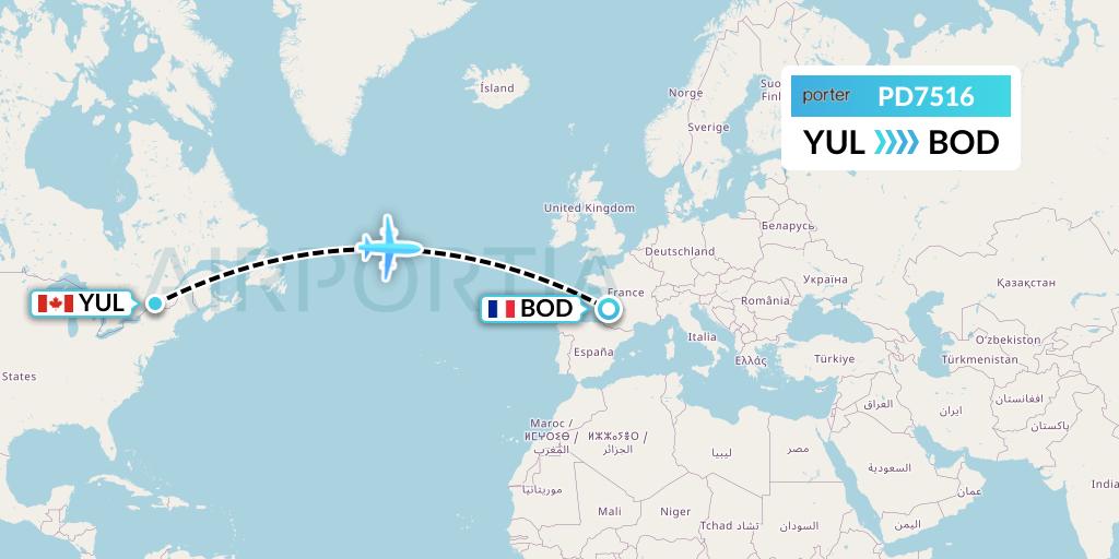 PD7516 Porter Airlines Flight Map: Montreal to Bordeaux