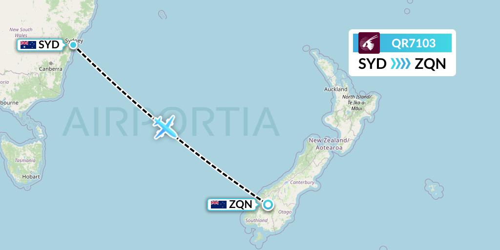 QR7103 Qatar Airways Flight Map: Sydney to Queenstown