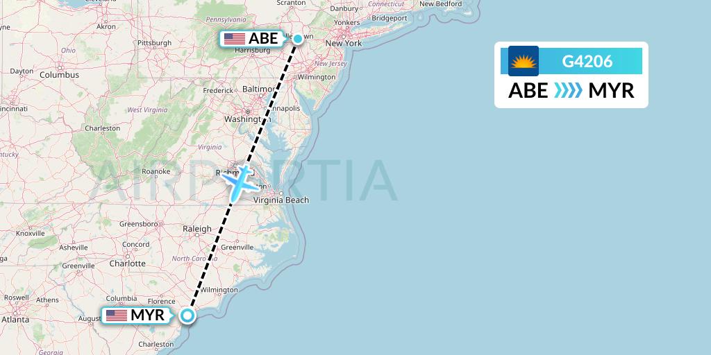 G4206 Allegiant Air Flight Map: Allentown to Myrtle Beach