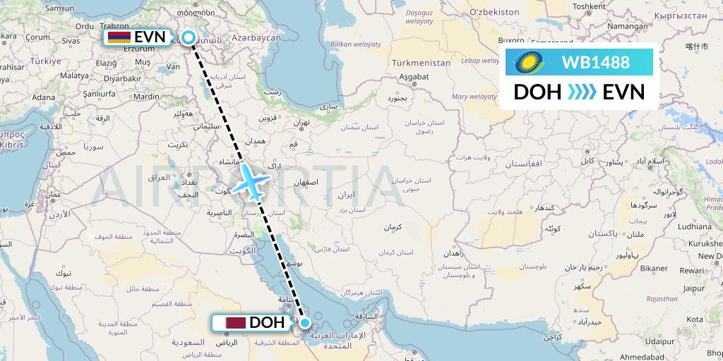 WB1488 RwandAir Flight Map: Doha to Yerevan
