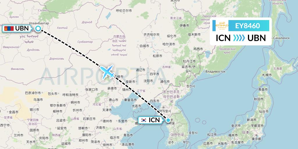 EY8460 Etihad Airways Flight Map: Seoul to Ulan Bator